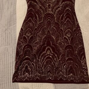 Art Deco, Maroon cocktail dress with gold designer